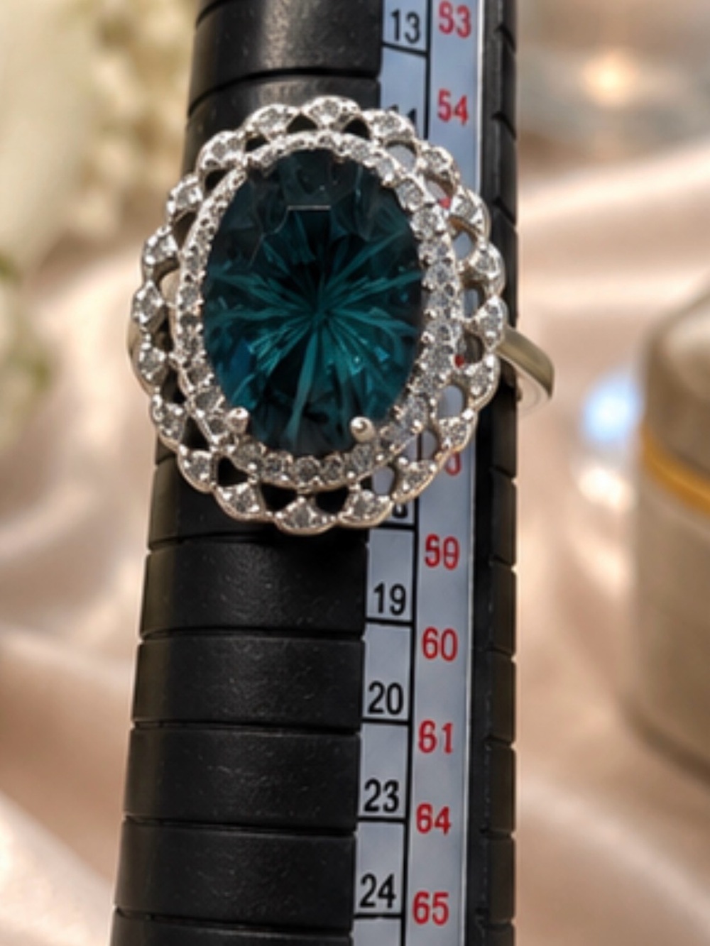 Vintage Teal Blue Oval Halo Cocktail Ring - 925 Statement Ring Size 8 - Picture 5 of 5